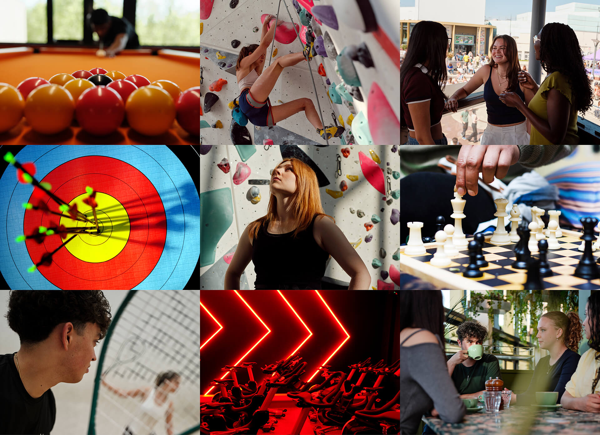 Grid of nine images showing student life and activities: playing pool, indoor climbing, three women chatting on a balcony, archery target with arrows, woman looking up at a climbing wall, playing chess, tennis practice, spin class with red lighting, and students chatting over drinks at a café.