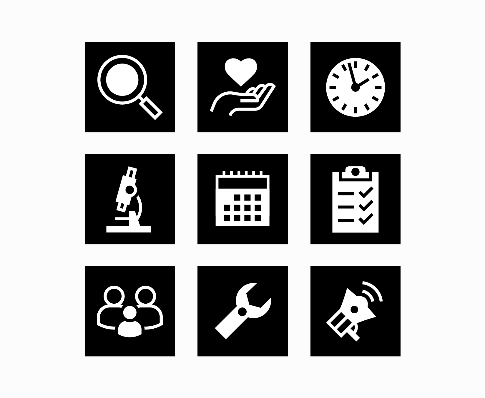 A grid of nine white symbols: magnifying glass, hand with heart, clock, microscope, calendar, clipboard, group of people, wrench, and megaphone. Demonstrates consistent icon style and line weight in white-on-black design.