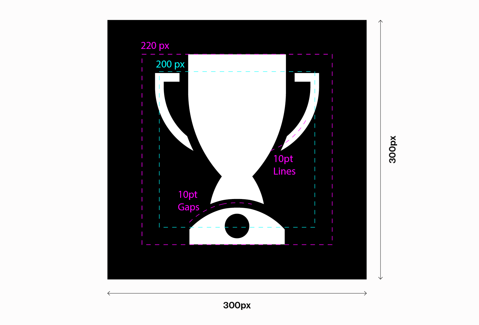 A diagram of a trophy icon within a 300px square, used to show icon setup and sizing rules. The artwork area ranges between 200px and 220px depending on the icon’s shape. Solid shapes are surrounded by a 10pt black stroke, and white line elements are set to 10pt. Demonstrates how icons are proportioned and balanced within their frame.