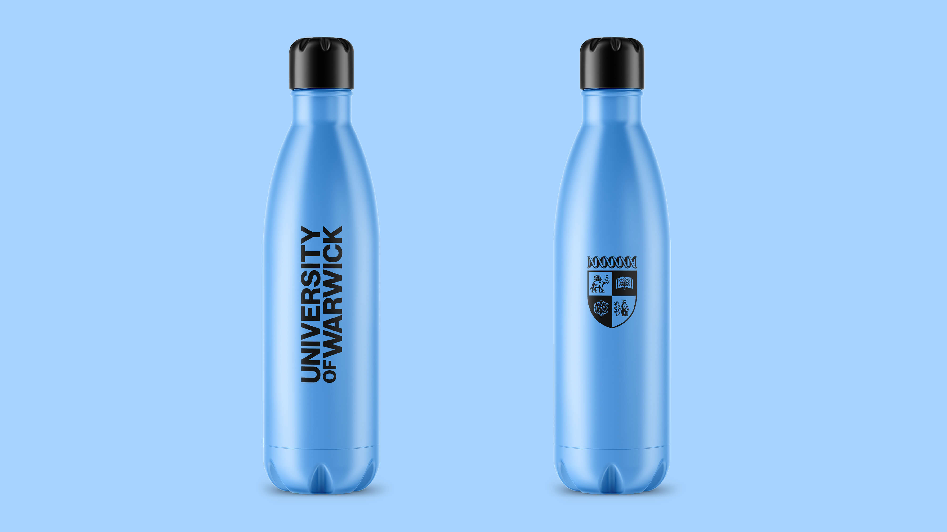 Travel water bottle in blue with wordmark and crest.