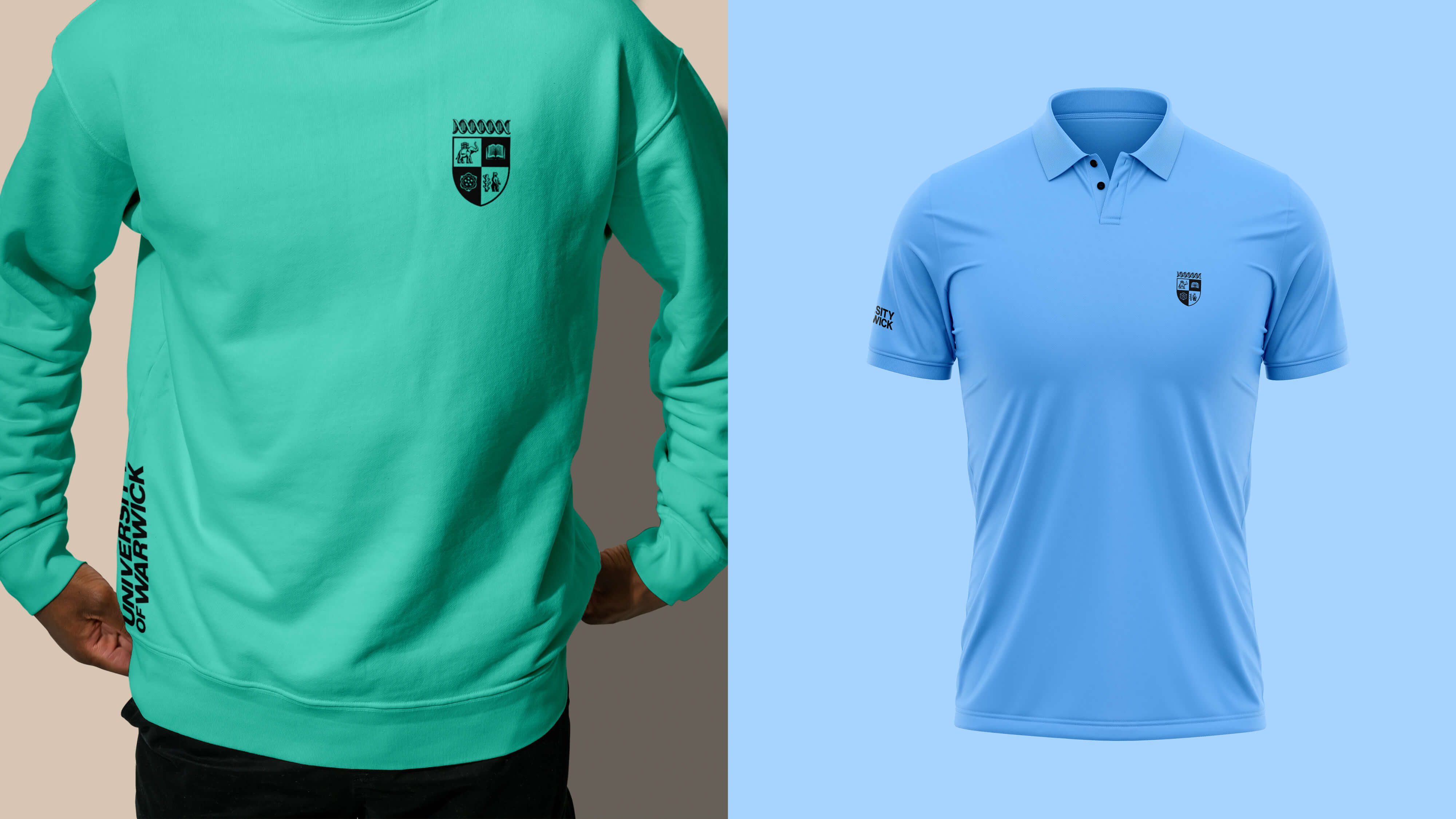 T-shirt and polo shirt in green and blue, both with University of Warwick crest.
