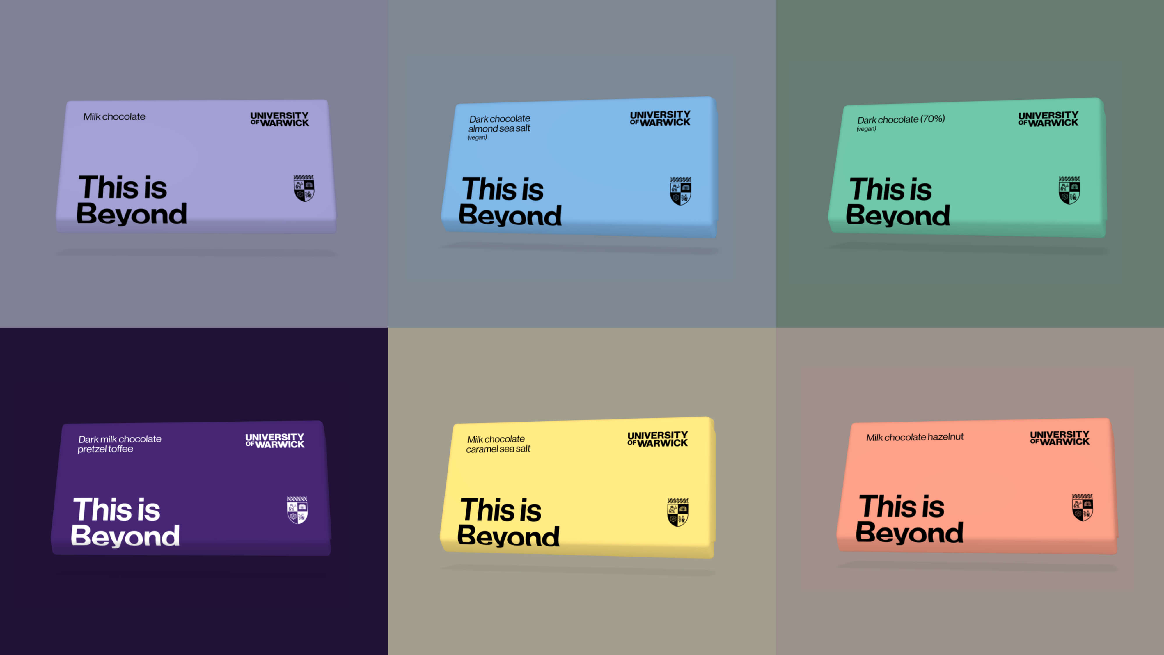 Business cards in a range of colours in a single colour type, including purple and coral.