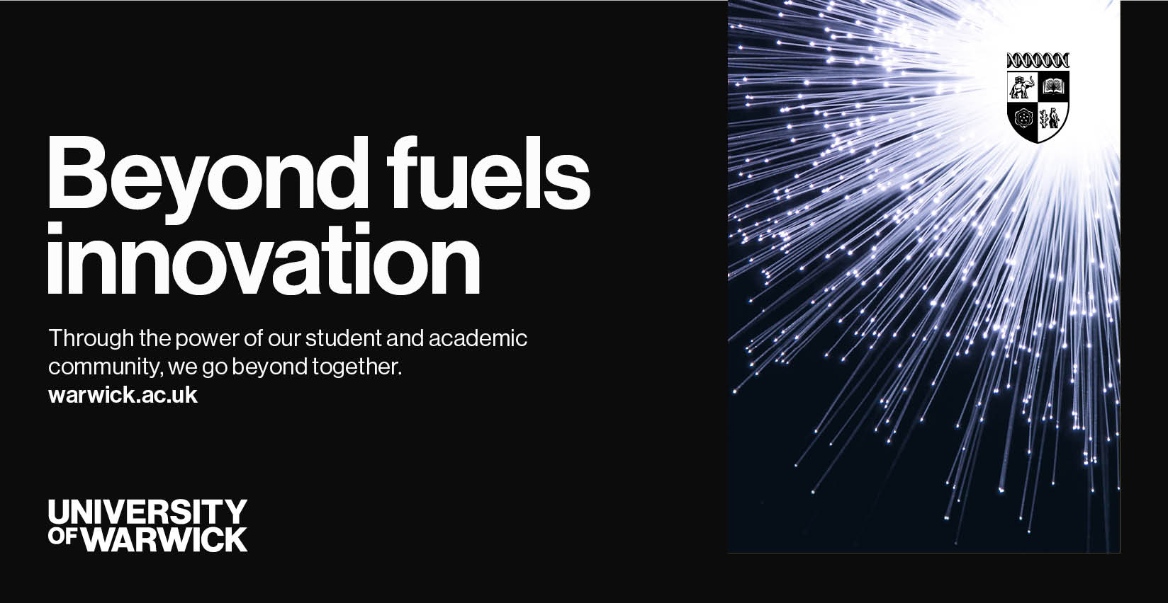 Visual that contains a black background to the left and an image that has a black hues to the right. The visual also has copy to the left with word mark and crest logos in opposite corners.