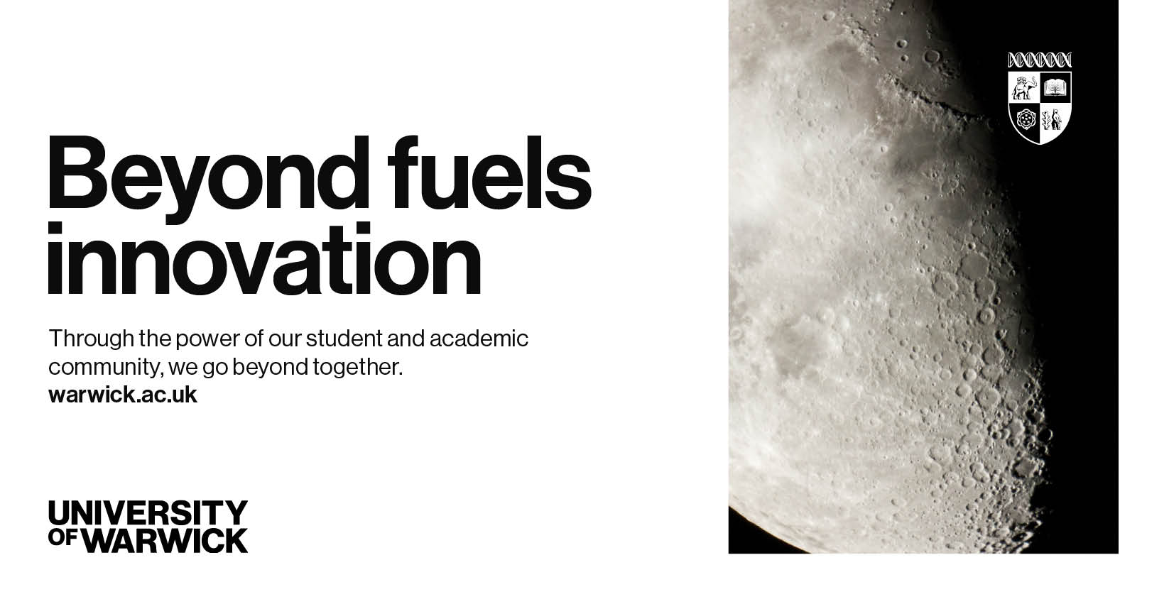 Visual that contains a white background to the left and an image that has a white hues to the right. The visual also has copy to the left with word mark and crest logos in opposite corners.