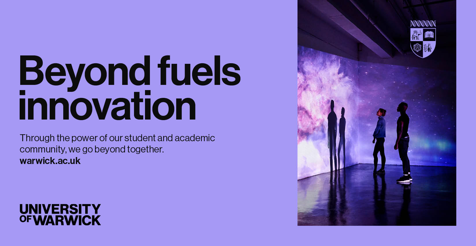 Visual that contains a Lavender background to the left and an image that has a Lavender hues to the right. The visual also has copy to the left with word mark and crest logos in opposite corners.