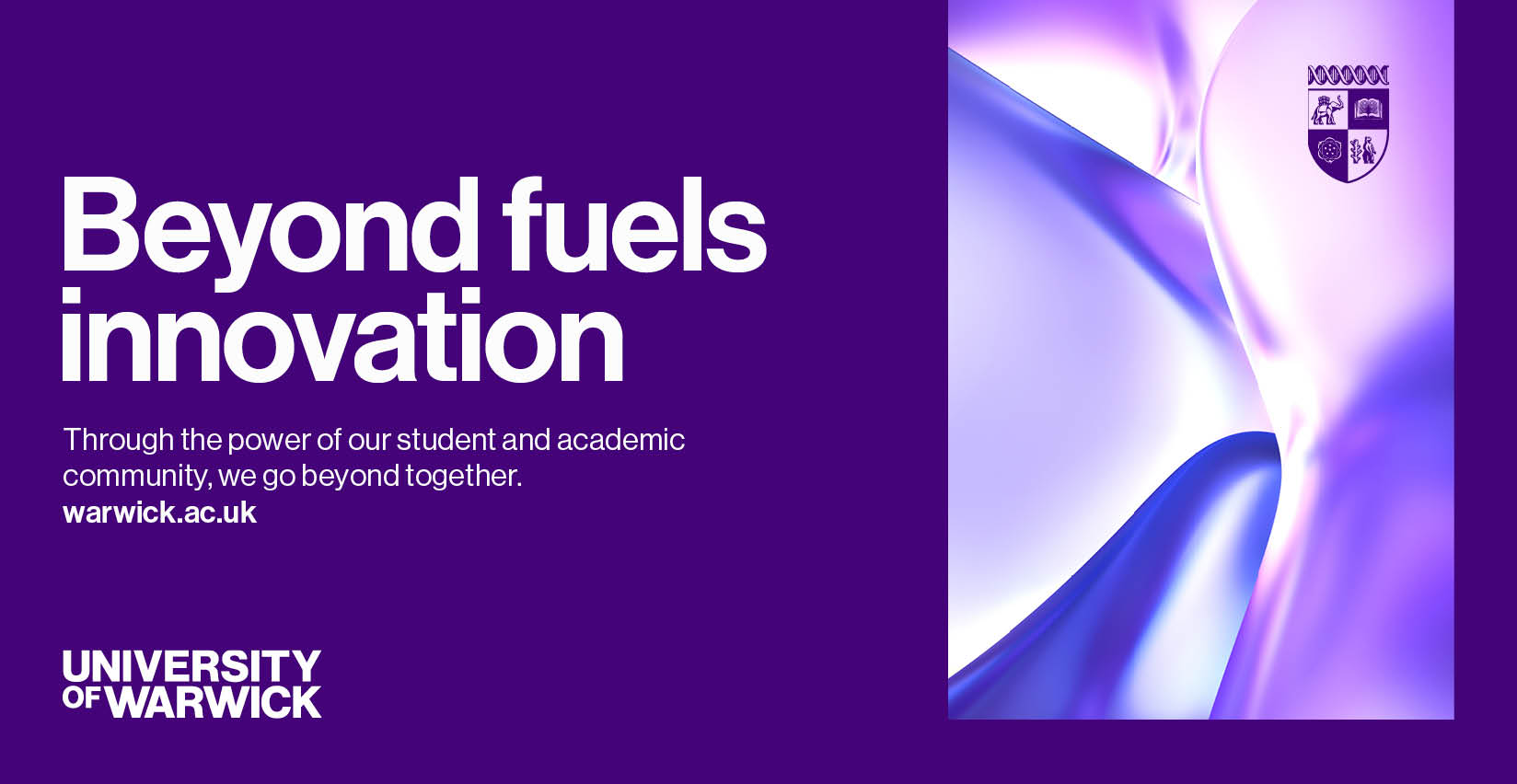 Visual that contains a purple background to the left and an image that has a purple hues to the right. The visual also has copy to the left with word mark and crest logos in opposite corners.