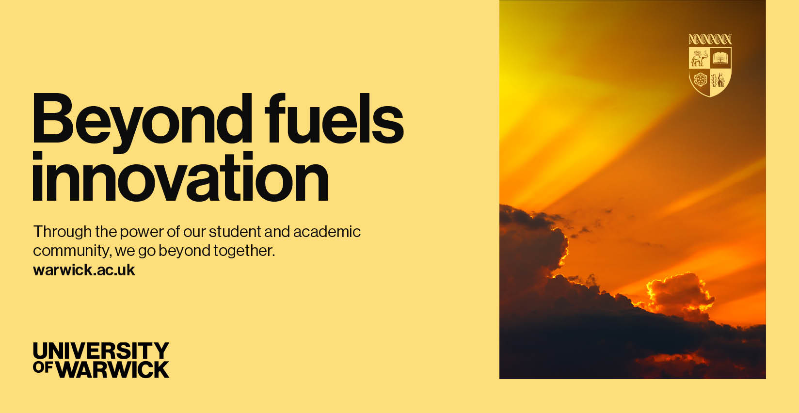 Visual that contains a yellow background to the left and an image that has a yellow hues to the right. The visual also has copy to the left with word mark and crest logos in opposite corners.