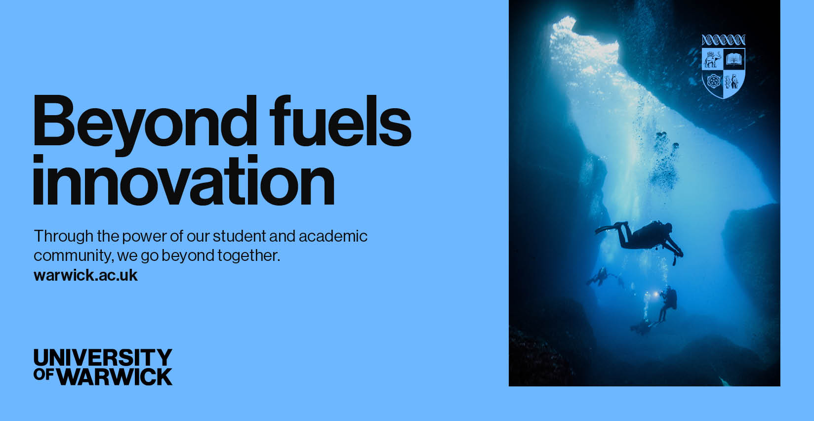 Visual that contains a blue background to the left and an image that has a blue hues to the right. The visual also has copy to the left with word mark and crest logos in opposite corners.