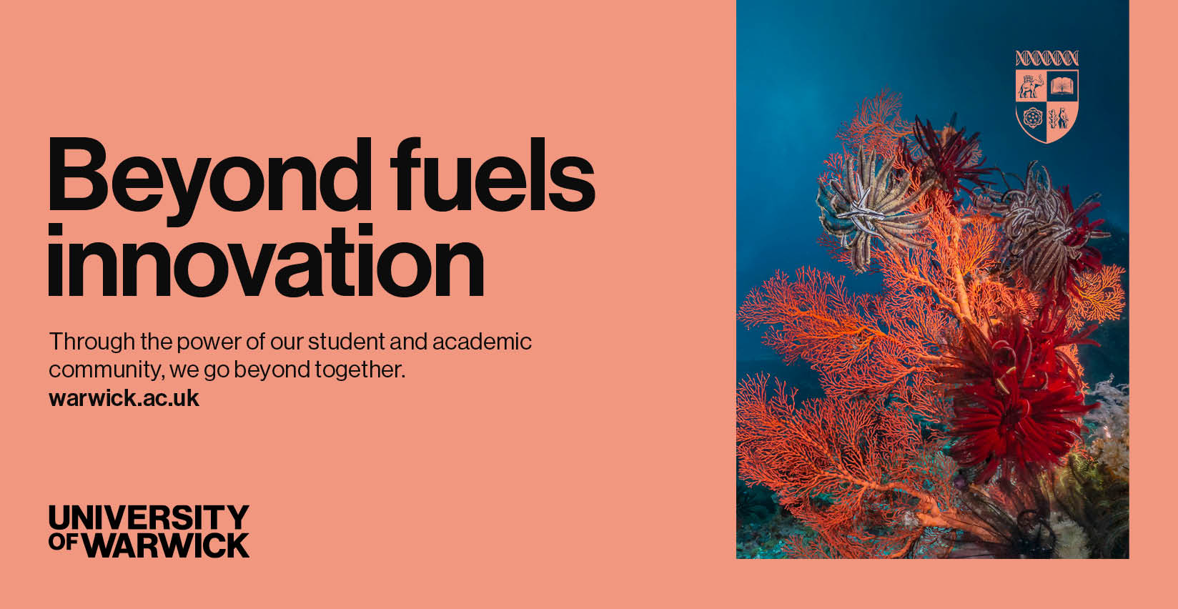 Visual that contains a coral background to the left and an image that has a Coral hues to the right. The visual also has copy to the left with word mark and crest logos in opposite corners.