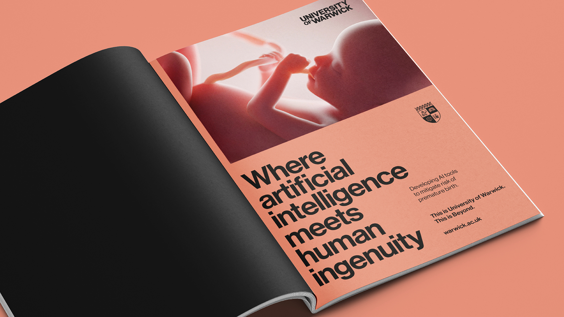 Open booklet with page text showing 'Where artificial intelligence meets human ingenuity'