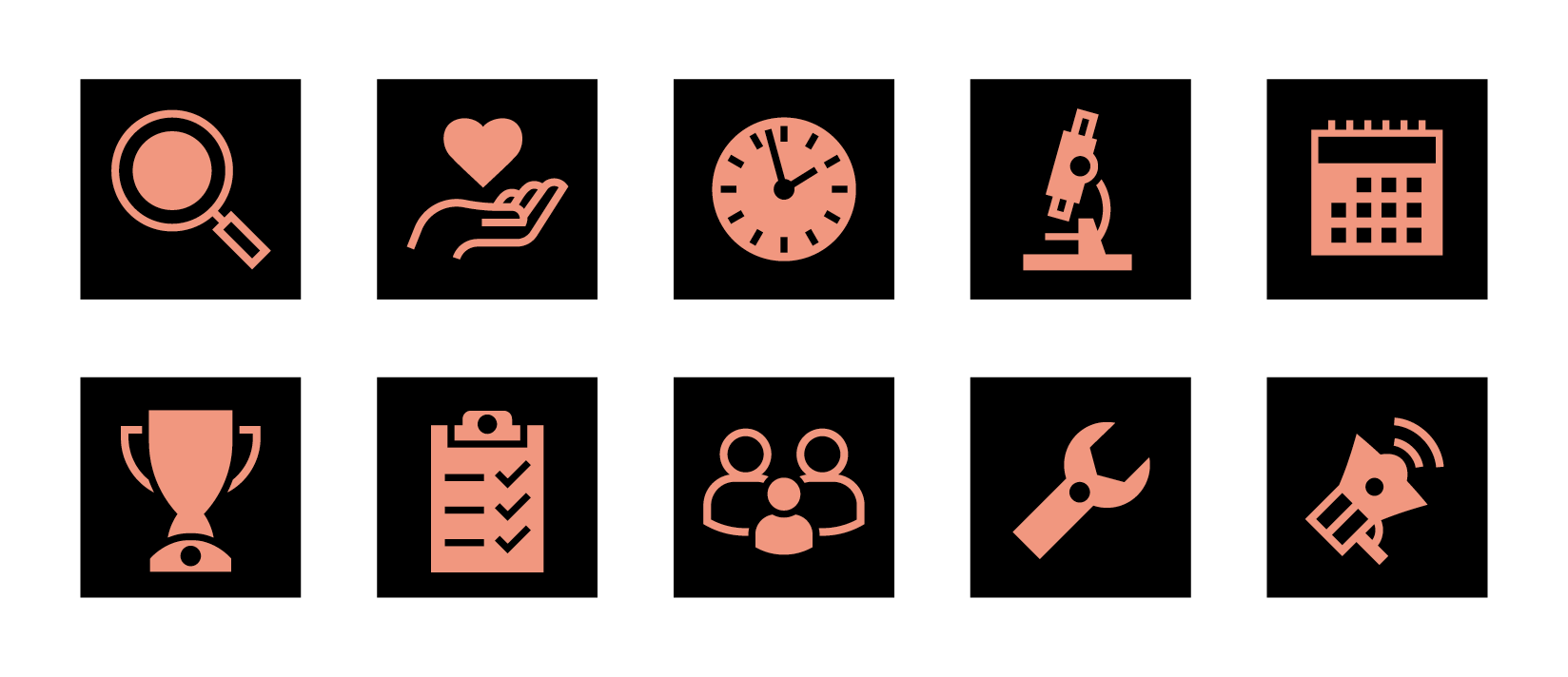 A row of coral icons on black square backgrounds, including a magnifying glass, hand with heart, clock, microscope, calendar, clipboard, group of people, wrench, and megaphone. Part of a gallery demonstrating brand-approved icon colour variations. This version follows brand guidelines for use on coral backgrounds: the icon matches the background colour, while the square remains black to ensure visibility and consistency.