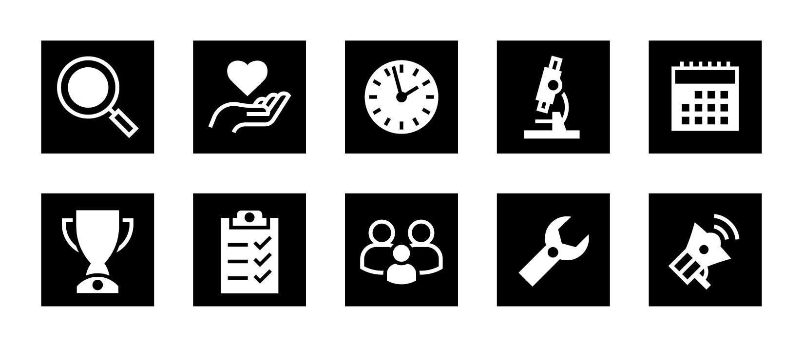 A row of white icons on black square backgrounds, including a magnifying glass, hand with heart, clock, microscope, calendar, clipboard, group of people, wrench, and megaphone. Part of a gallery demonstrating brand-approved icon colour variations. This version follows brand guidelines for use on white backgrounds: the icon matches the background colour, while the square remains black to ensure visibility and consistency.