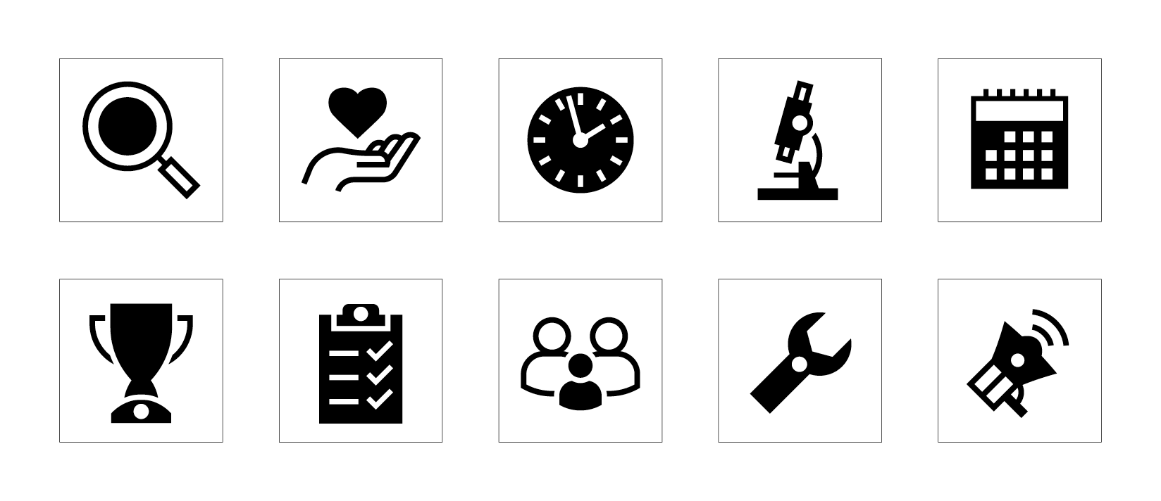 A row of icons in black on white square backgrounds, including a magnifying glass, hand with heart, clock, microscope, calendar, clipboard, group of people, wrench, and megaphone. Part of a gallery demonstrating brand-approved icon colour variations. This version follows the guideline for use on black backgrounds: the square is white, and the icon colour matches the background for visibility and contrast.