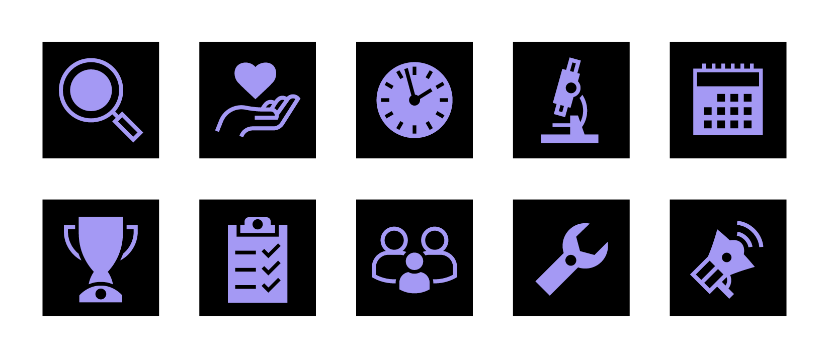 A row of lavender icons on black square backgrounds, including a magnifying glass, hand with heart, clock, microscope, calendar, clipboard, group of people, wrench, and megaphone. Part of a gallery demonstrating brand-approved icon colour variations. This version follows brand guidelines for use on lavender backgrounds: the icon matches the background colour, while the square remains black to ensure visibility and consistency.