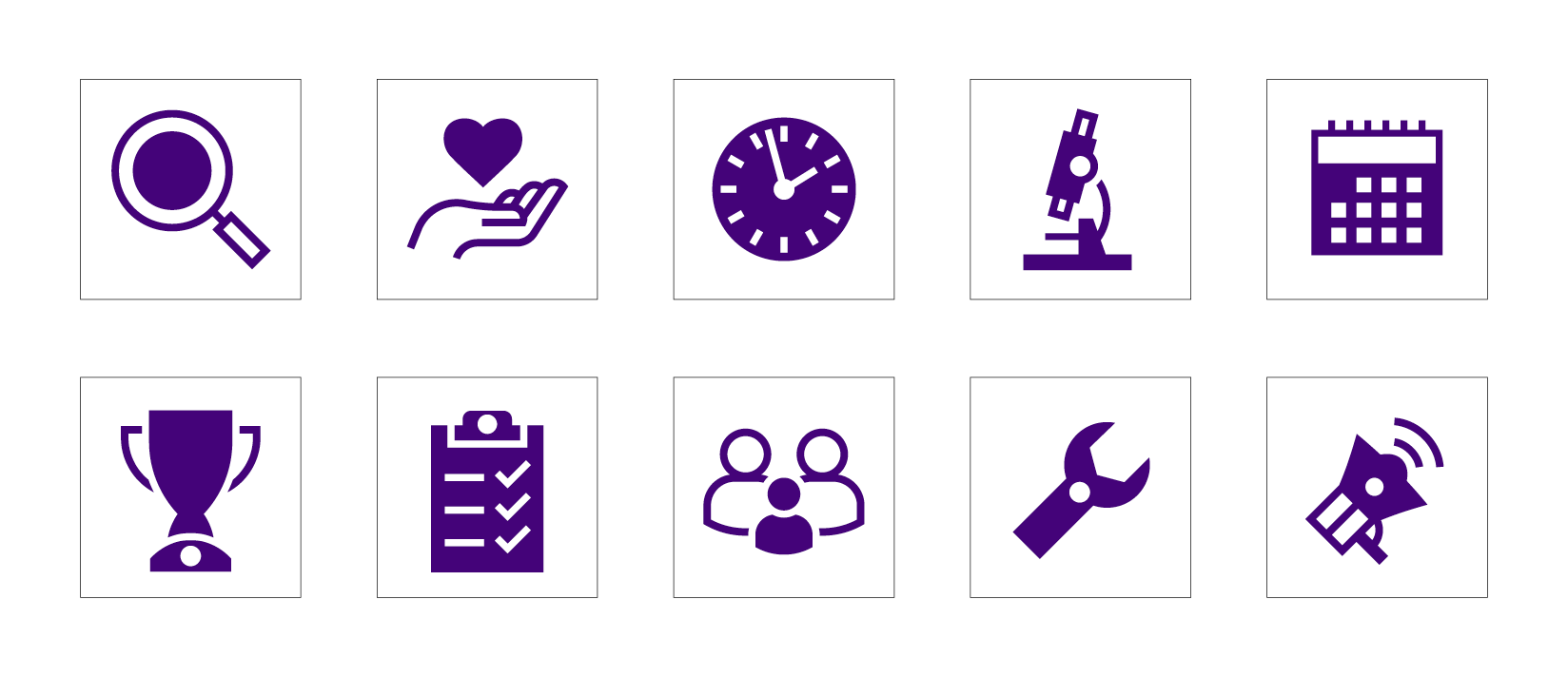 A row of purple icons on white square backgrounds, including a magnifying glass, hand with heart, clock, microscope, calendar, clipboard, group of people, wrench, and megaphone. Part of a gallery demonstrating brand-approved icon colour variations. This version follows brand guidelines for use on purple backgrounds: the icon matches the background colour, while the square remains white to ensure visibility and consistency.