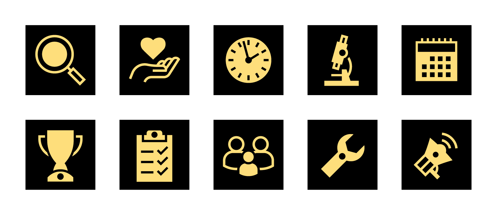 A row of yellow icons on black square backgrounds, including a magnifying glass, hand with heart, clock, microscope, calendar, clipboard, group of people, wrench, and megaphone. Part of a gallery demonstrating brand-approved icon colour variations. This version follows brand guidelines for use on yellow backgrounds: the icon matches the background colour, while the square remains black to ensure visibility and consistency.