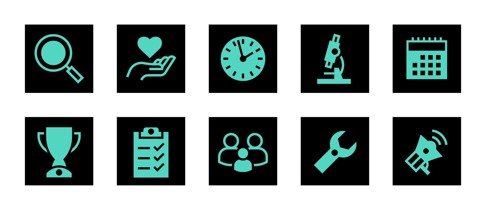 A row of green icons on black square backgrounds, including a magnifying glass, hand with heart, clock, microscope, calendar, clipboard, group of people, wrench, and megaphone. Part of a gallery demonstrating brand-approved icon colour variations. This version follows brand guidelines for use on green backgrounds: the icon matches the background colour, while the square remains black to ensure visibility and consistency.