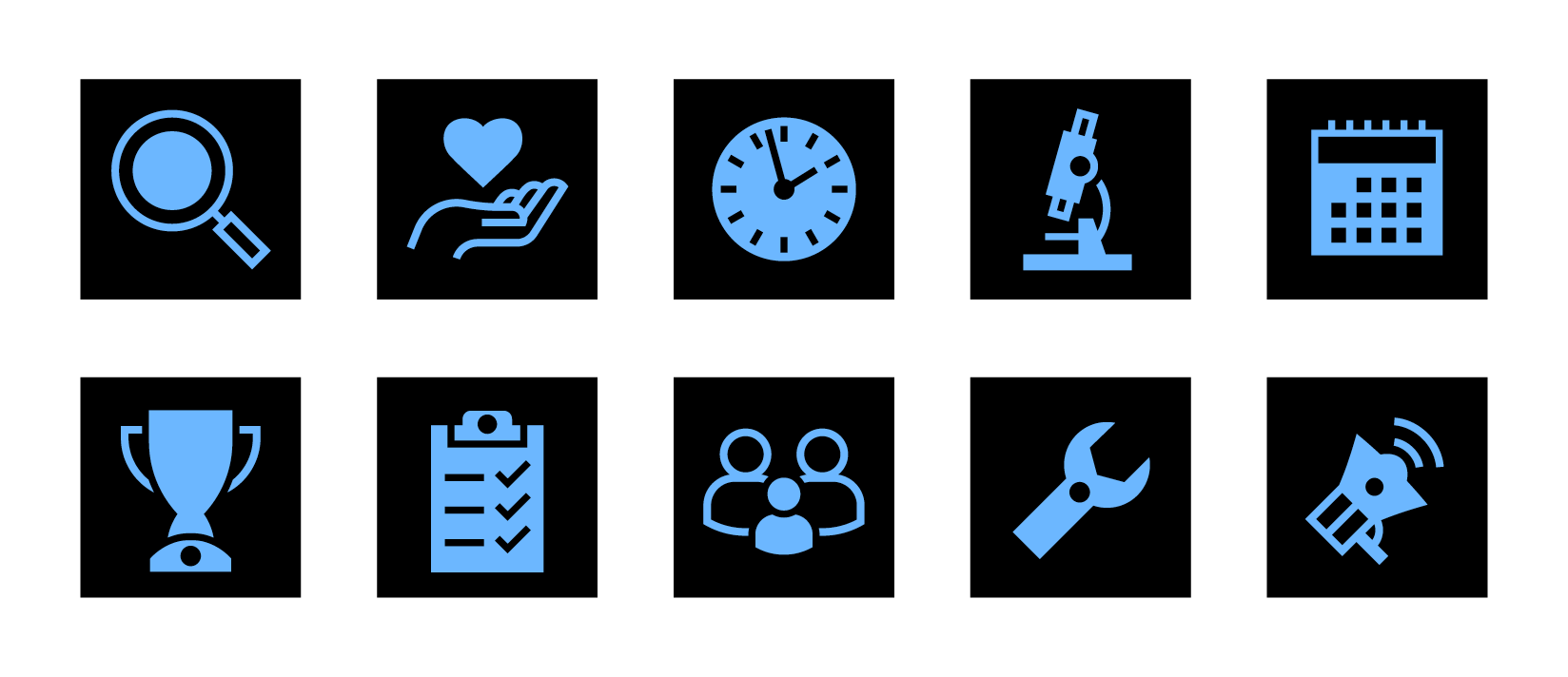 A row of blue icons on black square backgrounds, including a magnifying glass, hand with heart, clock, microscope, calendar, clipboard, group of people, wrench, and megaphone. Part of a gallery demonstrating brand-approved icon colour variations. This version follows brand guidelines for use on blue backgrounds: the icon matches the background colour, while the square remains black to ensure visibility and consistency.