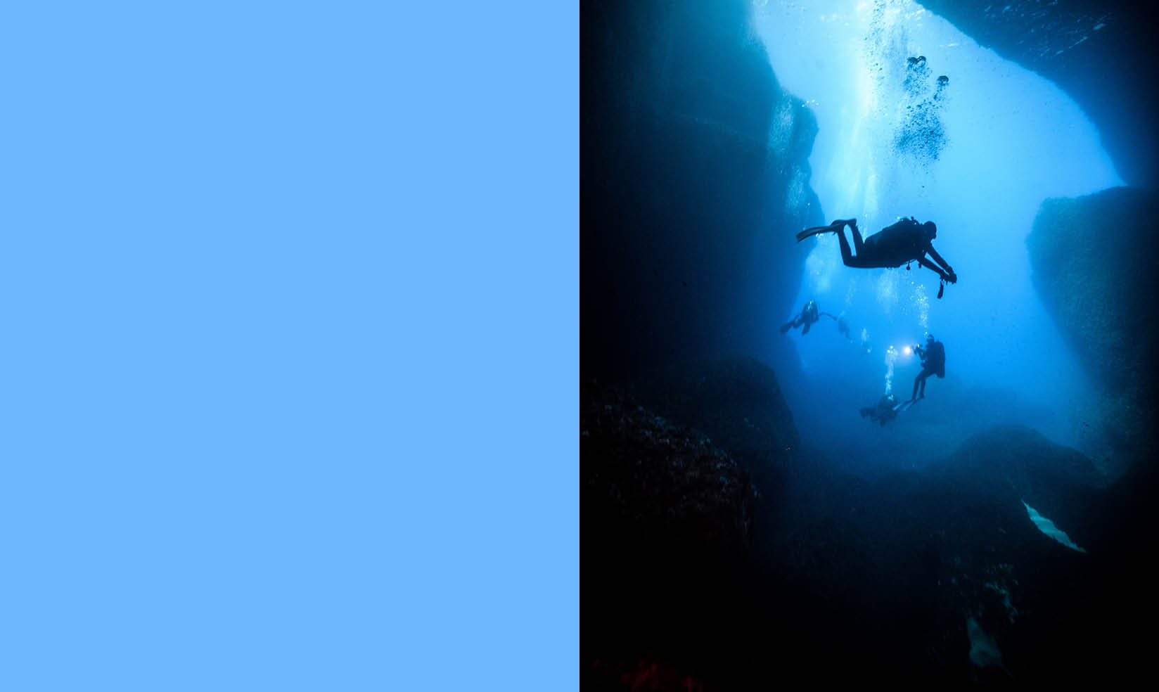 Visual that contains a blue background to the left and an image that has a blue hues to the right.