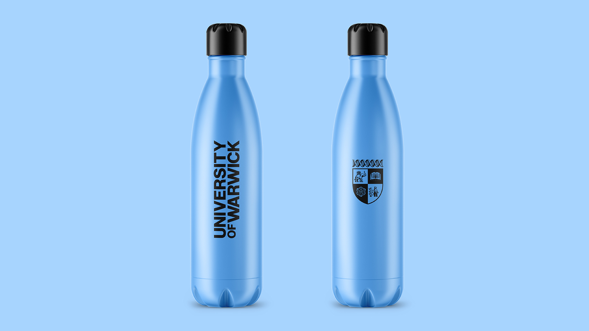 Two blue water bottle featuring University of Warwick text and crest on a light blue background