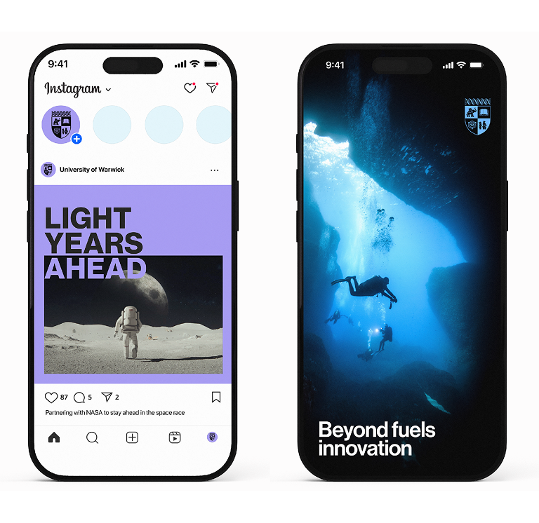 two mobile phones next to each other, the first shows an example instagram post about the space race and the second shows a campaign image of a diver with the words "Beyond fuels innovation"