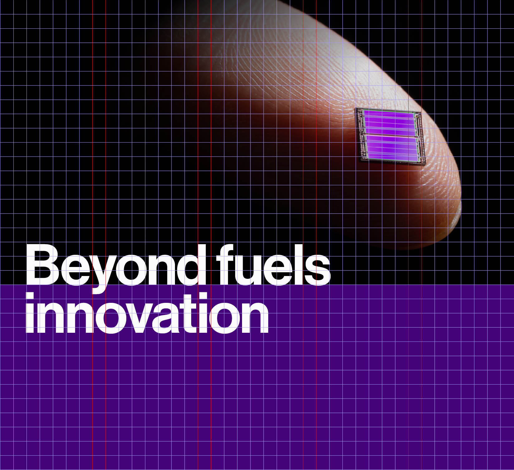 A close-up image of a fingertip holding a microchip, demonstrating a brand's grid system. Text overlaid at the bottom reads, 'Beyond fuels innovation'.