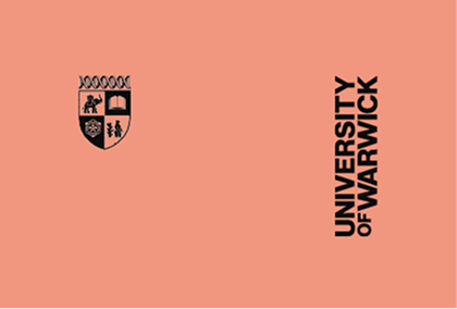 Brand logo lockup with crest and wordmark against a coral background.