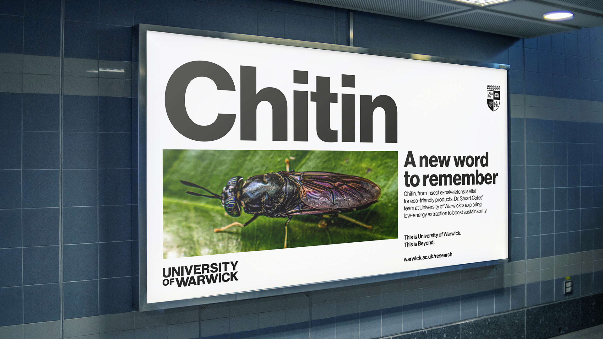 A large billboard poster at a railway station displays a photo of an insect and the text "Chitin, a new word to remember"