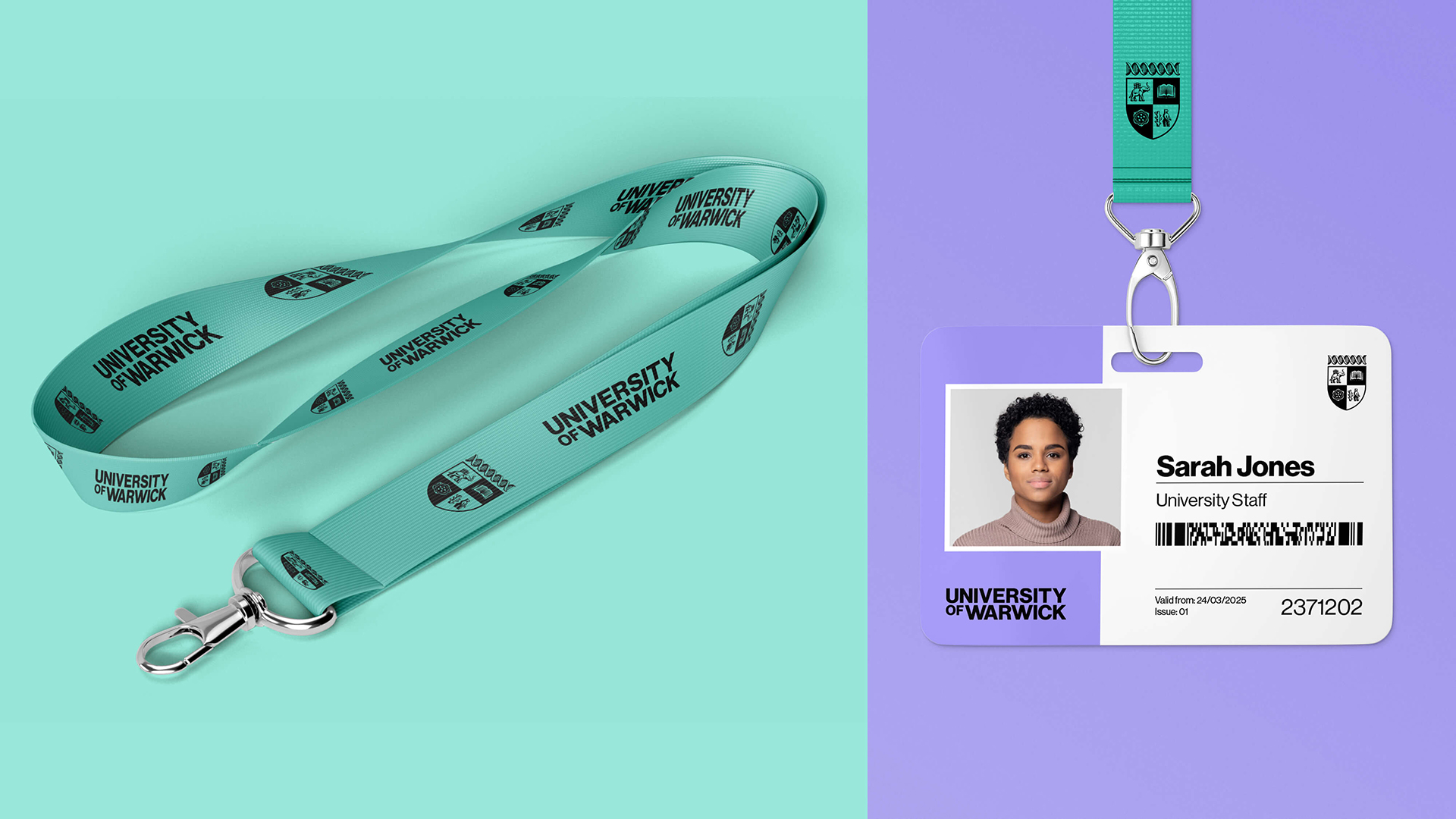 A green University of Warwick lanyard holder alongside an example of a staff member ID card. 