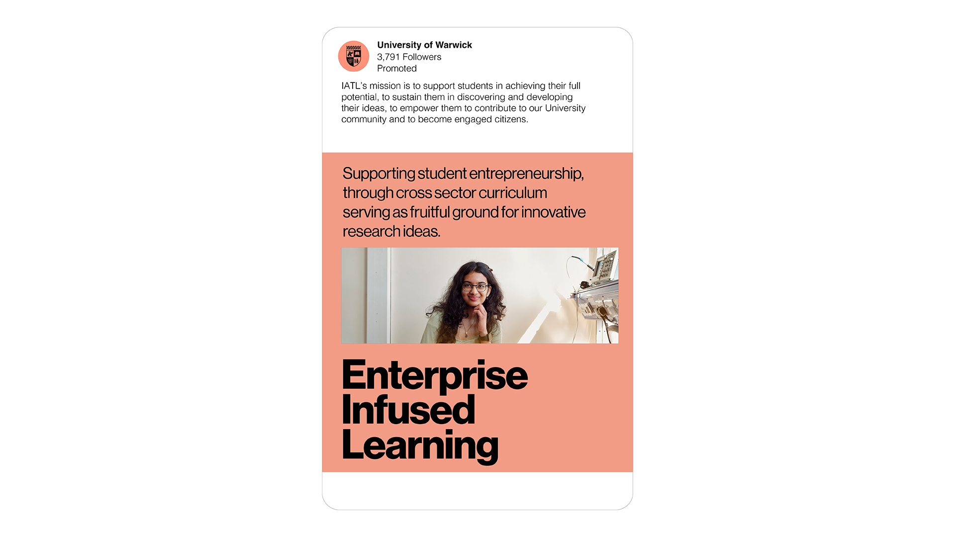 Social media post entitled 'Enterprise Infused Learning' showing girl smiling
