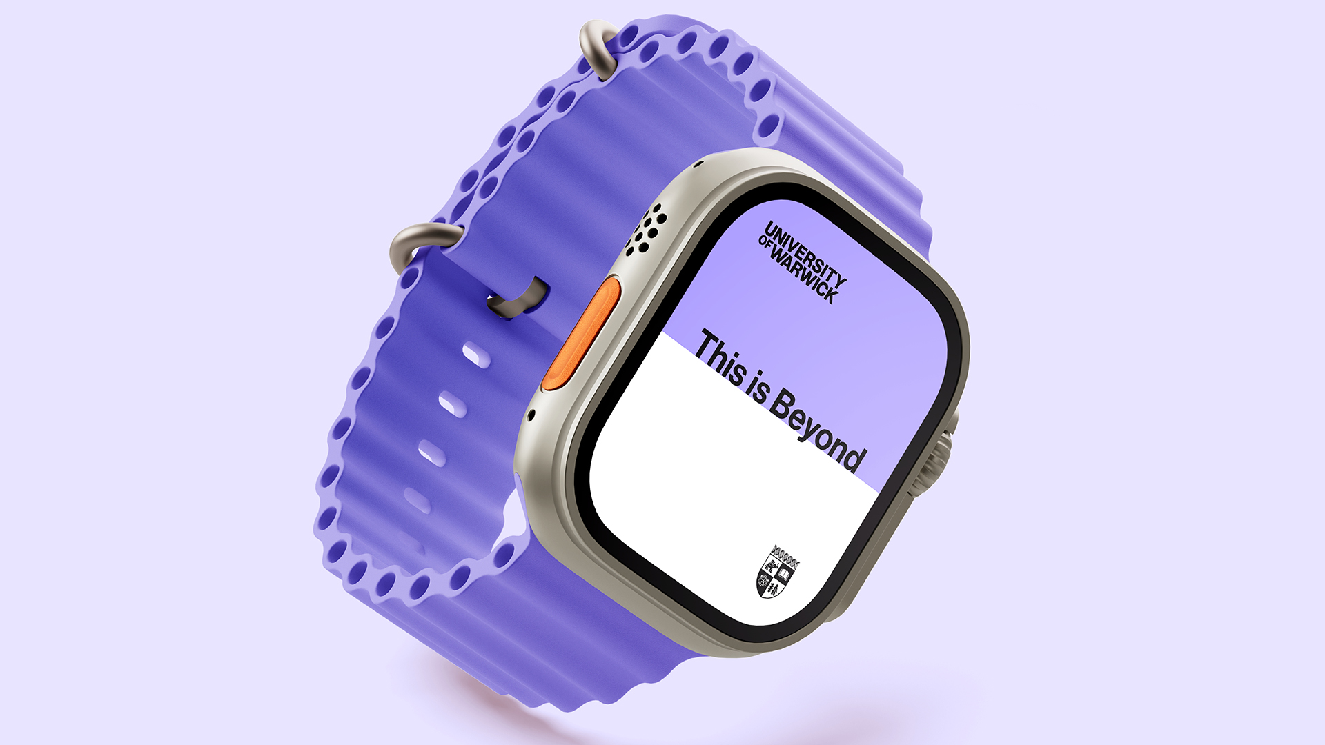 Smartwatch showing on the text 'This is Beyond' on a purple background