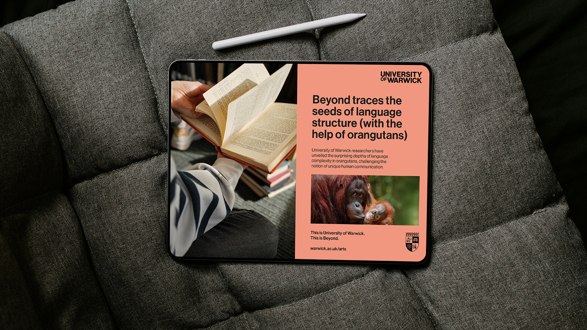 Tablet showing the University of Warwick website