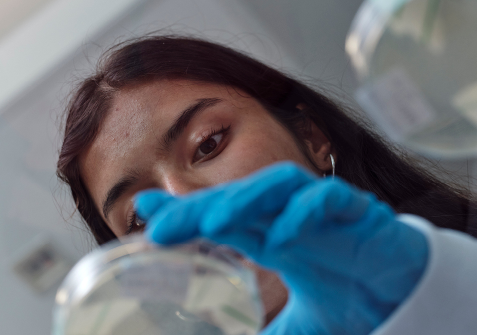Looking up from beneath a petri dish as a student performs analysis on the sample