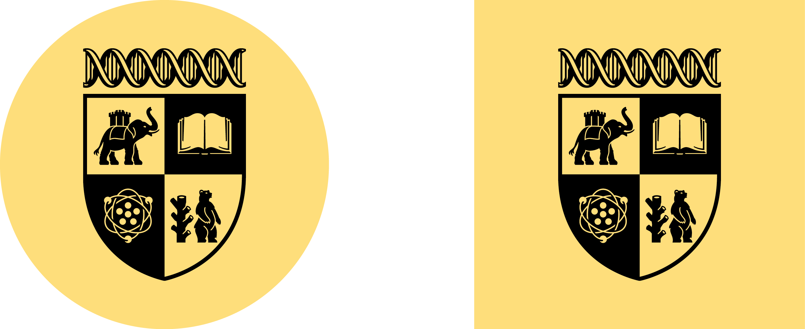 The new modernised crest shown twice on a yellow background the first is round the second is a square