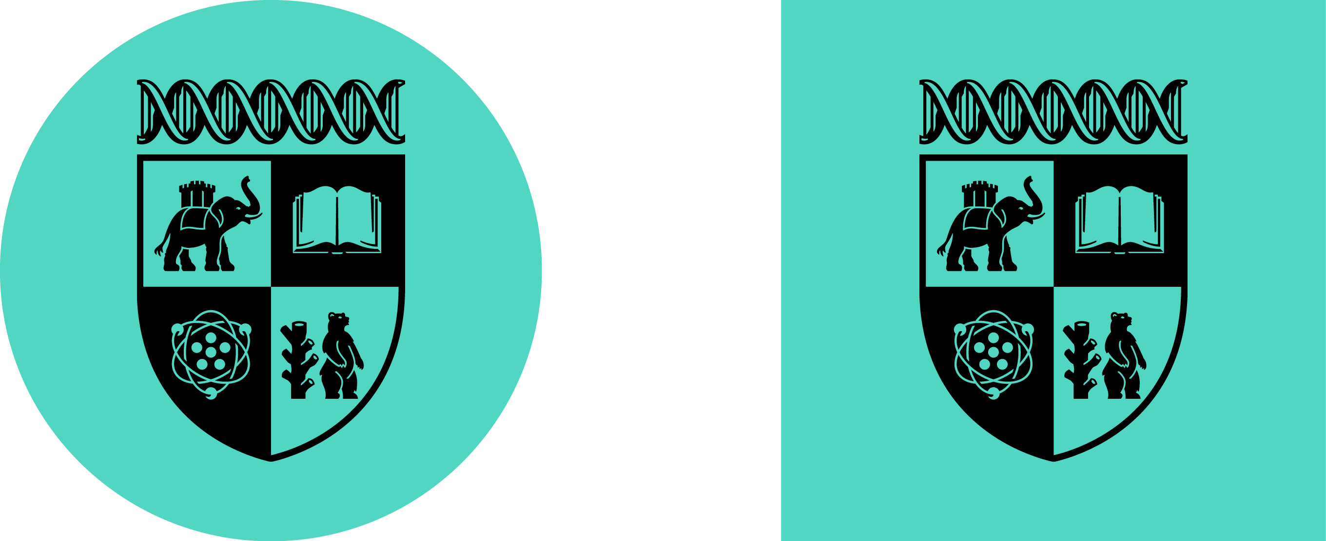 The new modernised crest shown twice on a green background the first is round the second is a square