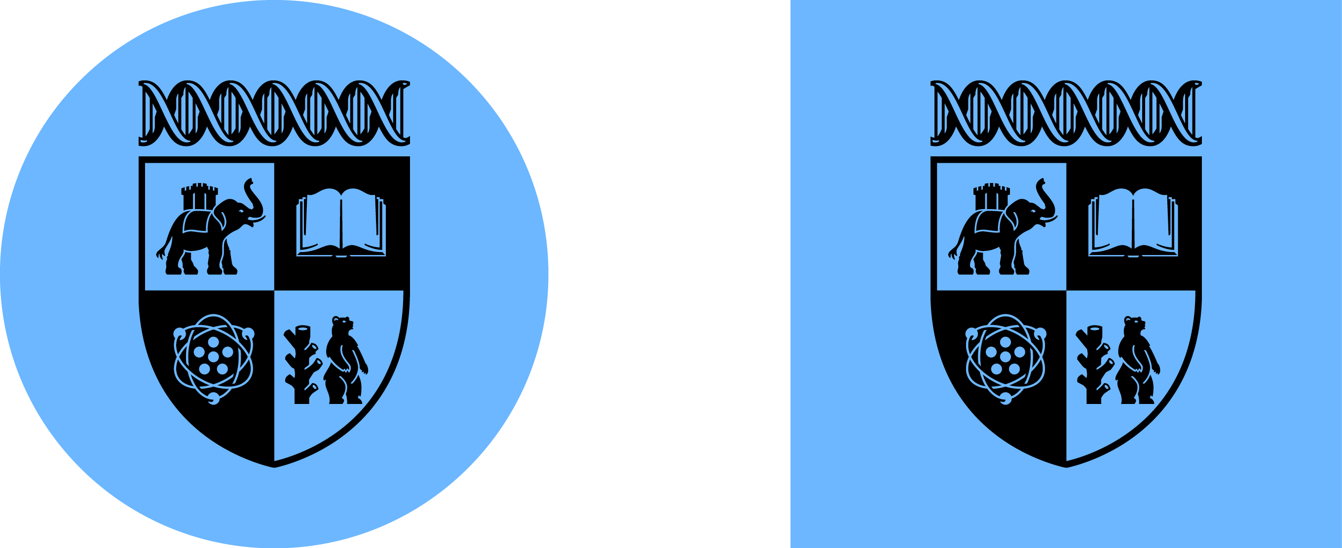 The new modernised crest shown twice on a blue background the first is round the second is a square