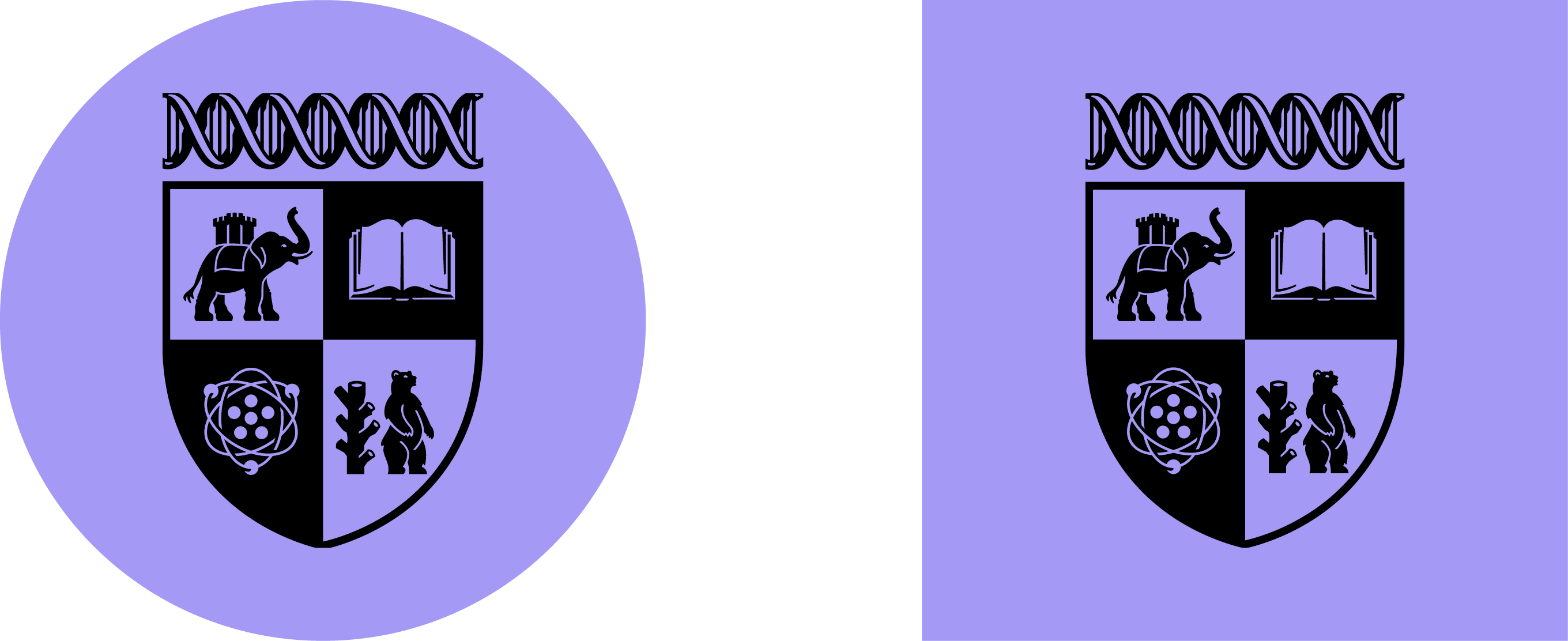The new modernised crest shown twice on a lavender background the first is round the second is a square