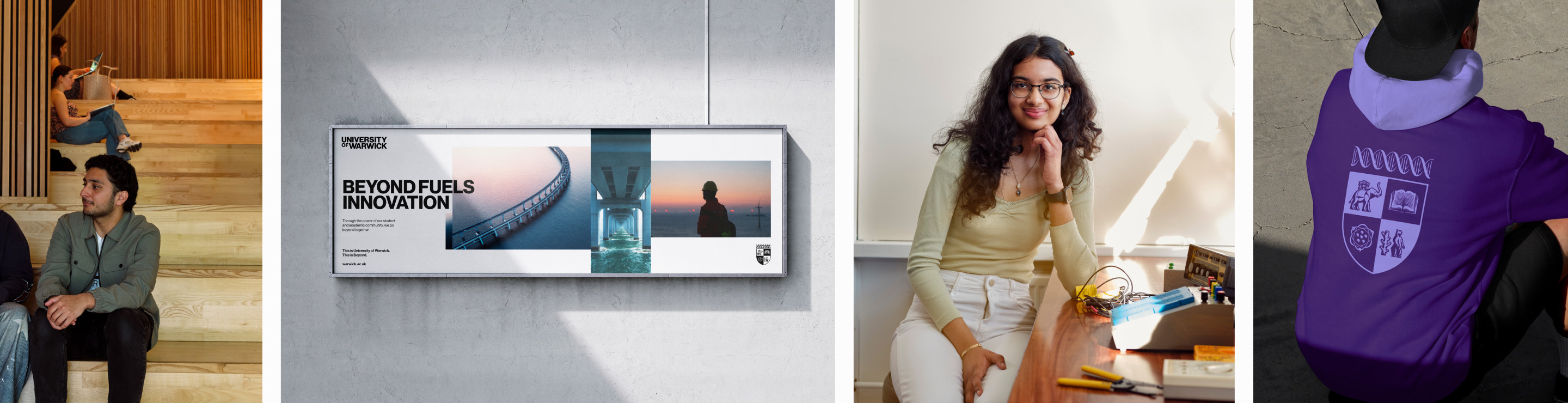 Collection of images of students and branding in the environment.