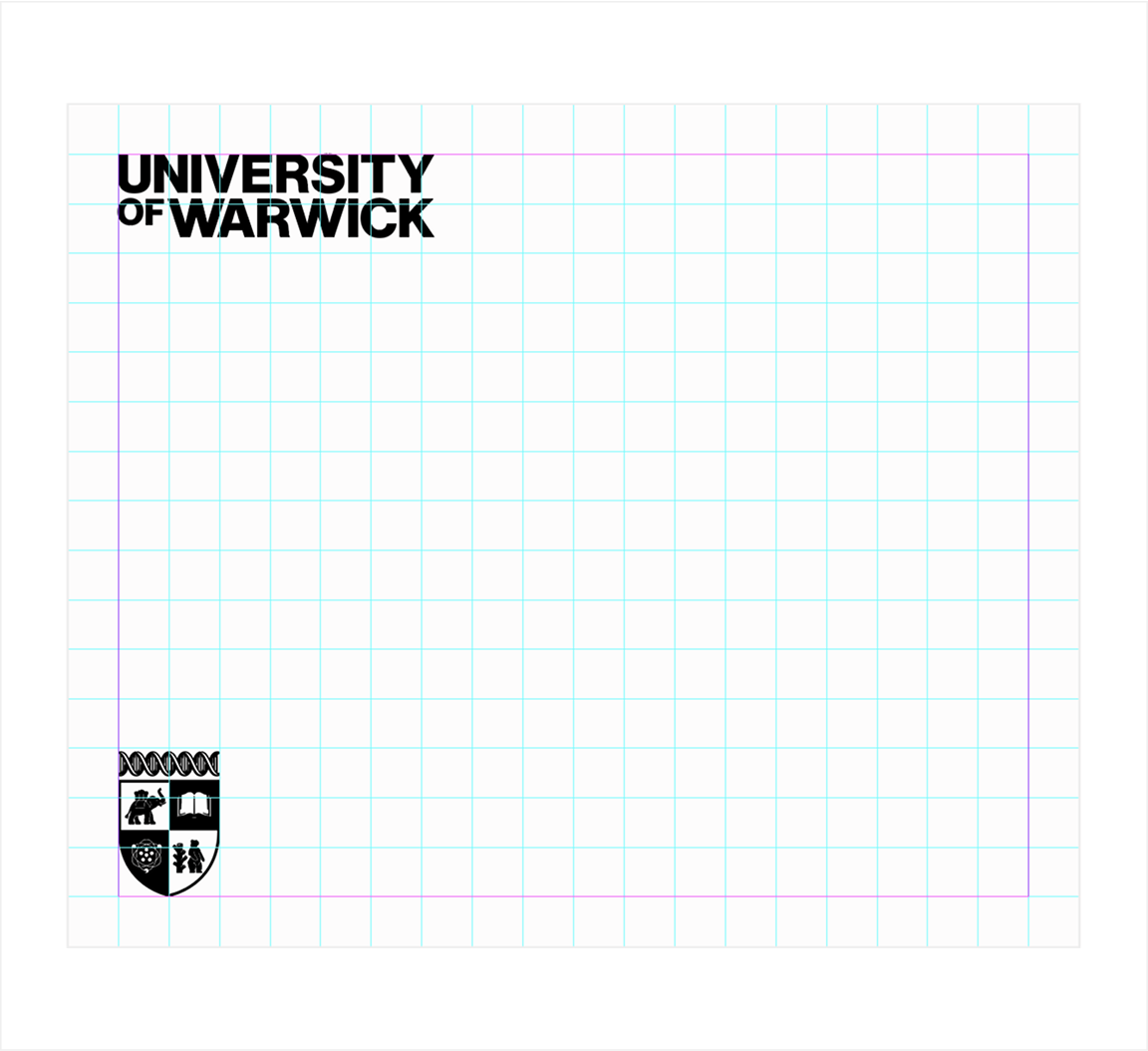 Visual of the grid system being used, with the University word mark logo on the top left, and the crest logo bottom right.