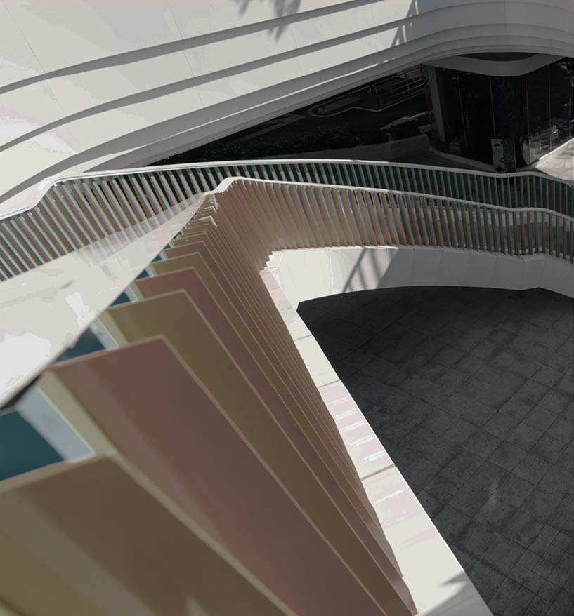 Low log footage taken from above, showing an outdoor staircase leading down to the floor below.