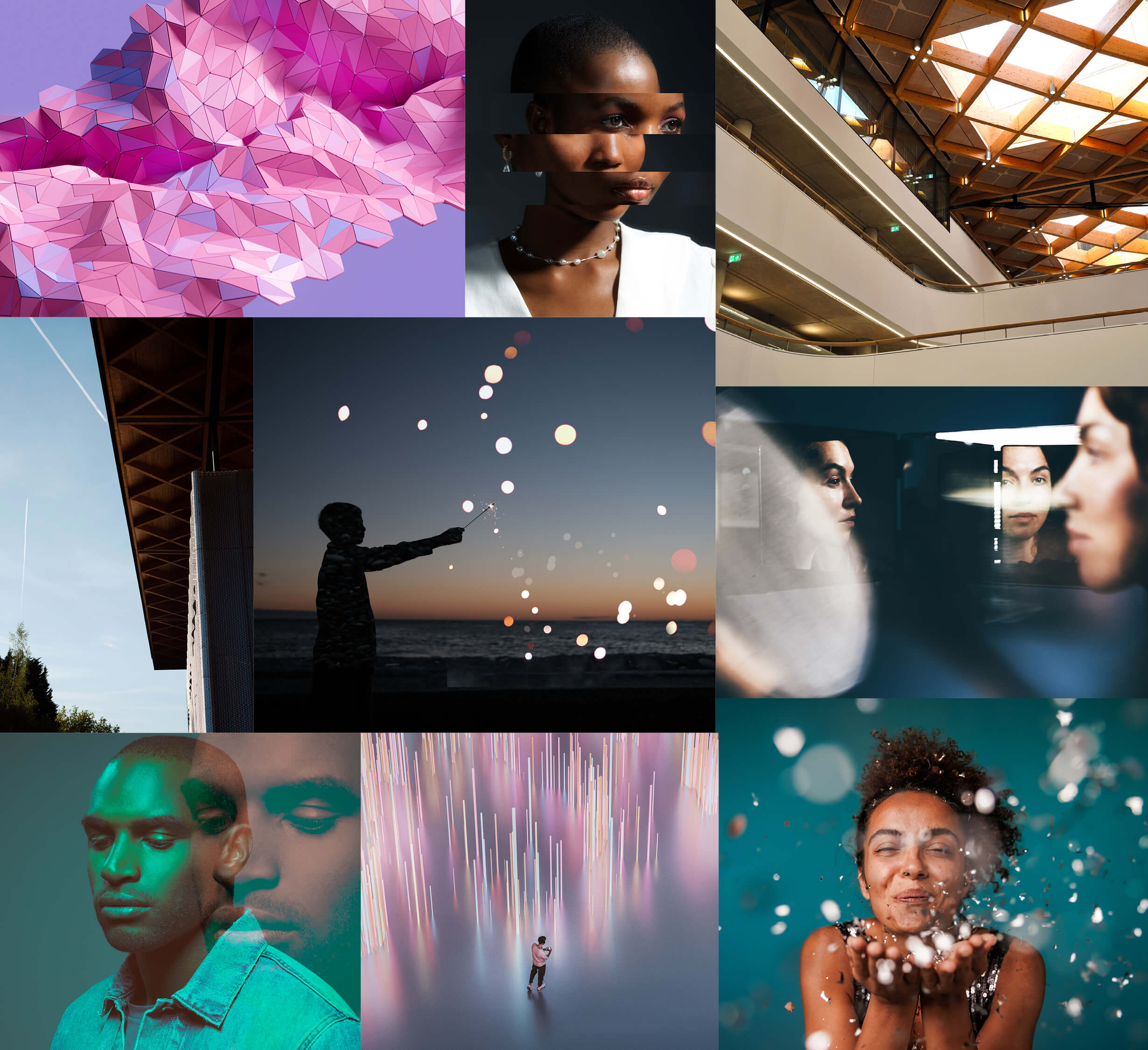 A digital collage of nine visually striking images arranged in a grid. The images include: abstract pink polygonal textures; a portrait of a woman with layered exposures; a modern architectural ceiling; a silhouette of a child reaching toward floating lights at sunset; reflections of faces in glass; a man with a double exposure effect; a person standing in a room filled with cascading vertical lights; a smiling woman blowing shimmering particles toward the camera; and a geometric building structure with a sloped roof. The overall mood is artistic, emotional, and atmospheric.