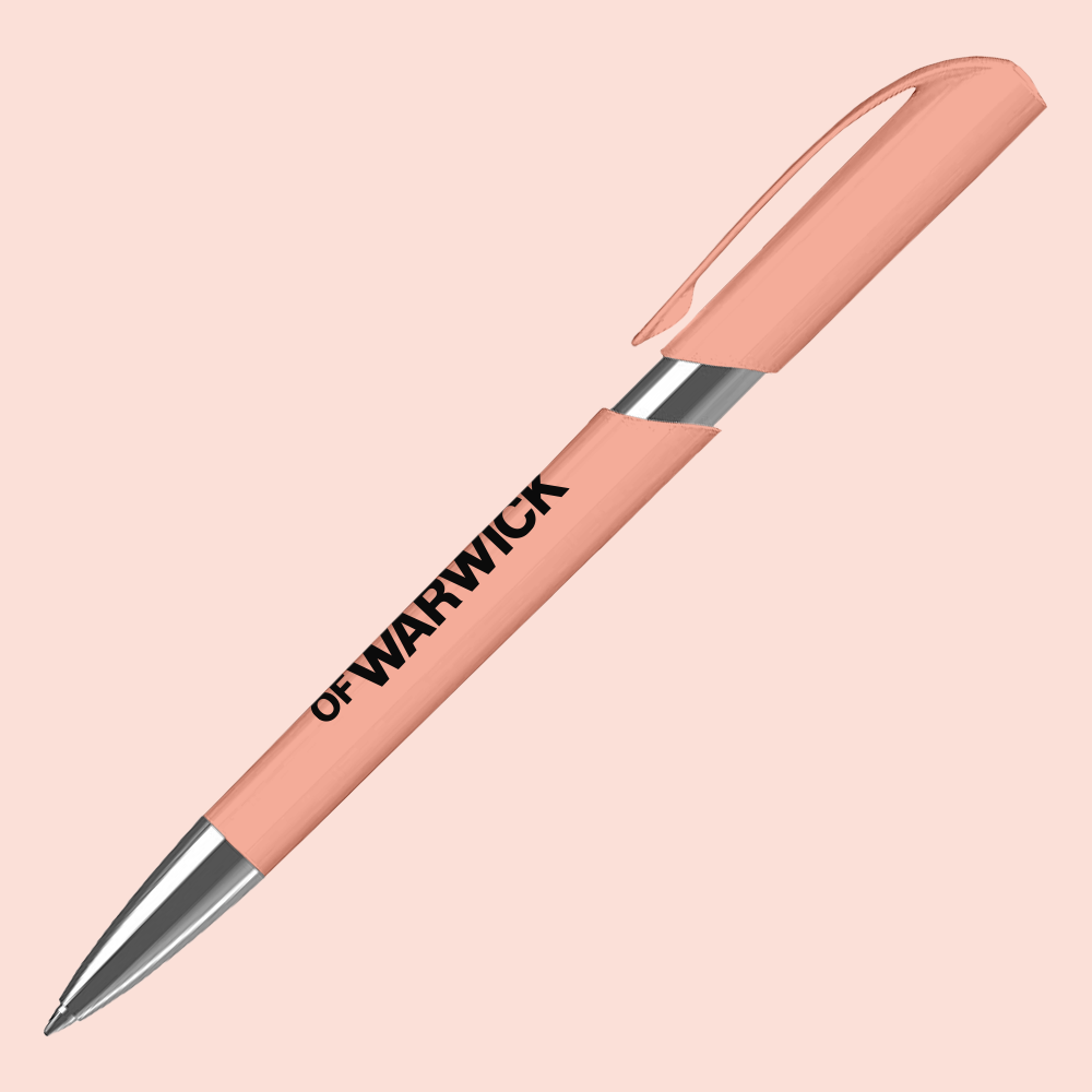 Coral (or pink) coloured pen with University of Warwick wordmark and crest.