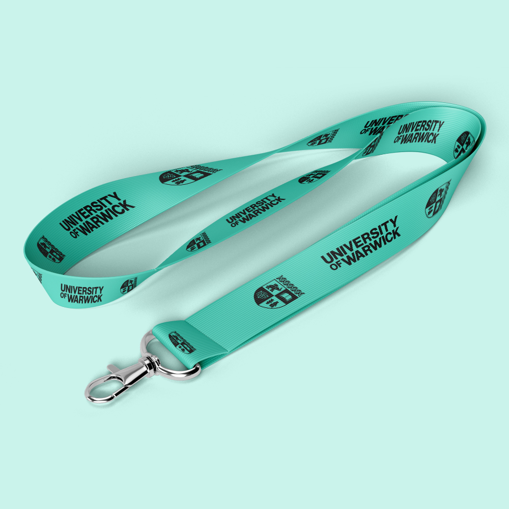 A green lanyard branded with University of Warwick wordmark and crest.