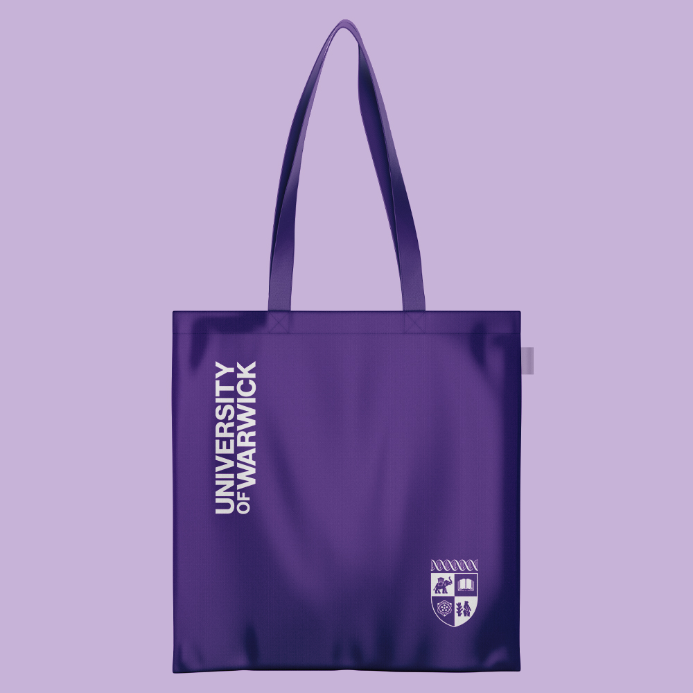 Branded purple tote bag with University of Warwick wordmark and crest.