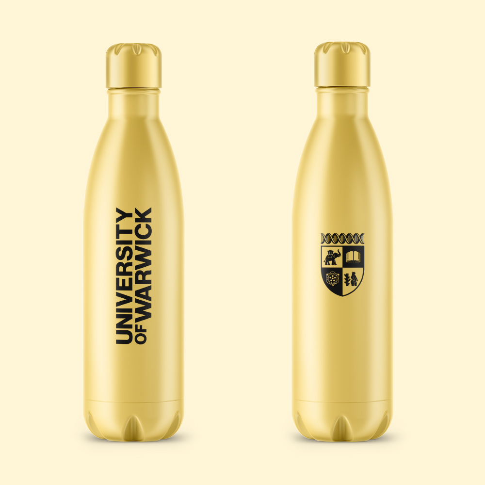 A yellow water bottle branded with University of Warwick wordmark and crest.